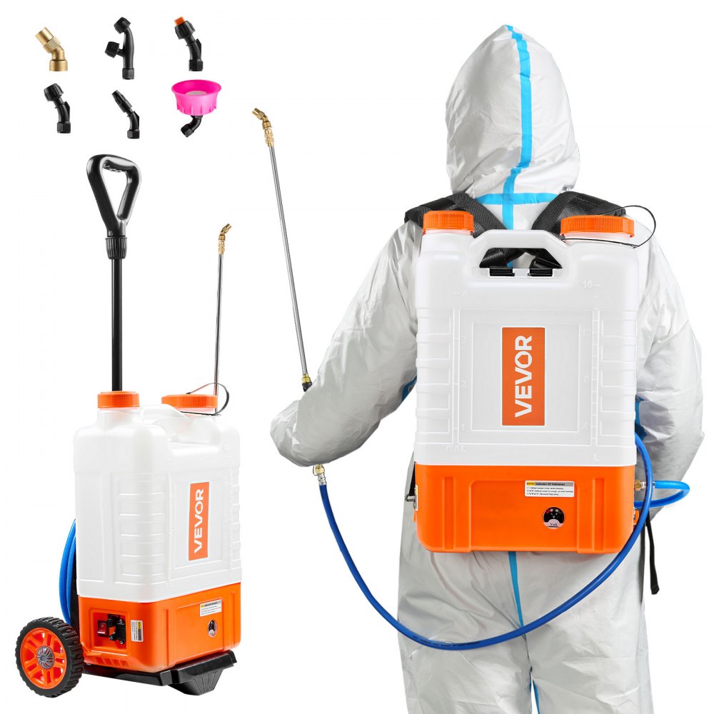 VEVOR Battery Powered Backpack Sprayer with Cart, 0-94 PSI Adjustable Pressure, 4 Gallon Tank on Wheels, with 8 Nozzles