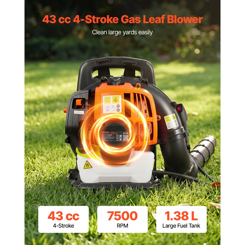 VEVOR Backpack Leaf Blower, 43CC 2-Stroke Engine Gas Powered Leaf Blower with 1.38L Fuel Tank, 447 CFM Air Volume, 150