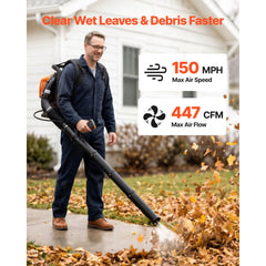 VEVOR Backpack Leaf Blower, 43CC 2-Stroke Engine Gas Powered Leaf Blower with 1.38L Fuel Tank, 447 CFM Air Volume, 150