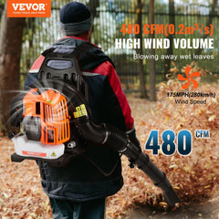VEVOR Backpack Leaf Blower, 52CC 2-Cycle Leaf Blower with 1.37L Fuel Tank, 480CFM Air Volume 175MPH Speed, Ideal for
