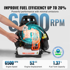 VEVOR Backpack Leaf Blower, 52CC 2-Cycle Leaf Blower with 1.37L Fuel Tank, 480CFM Air Volume 175MPH Speed, Ideal for