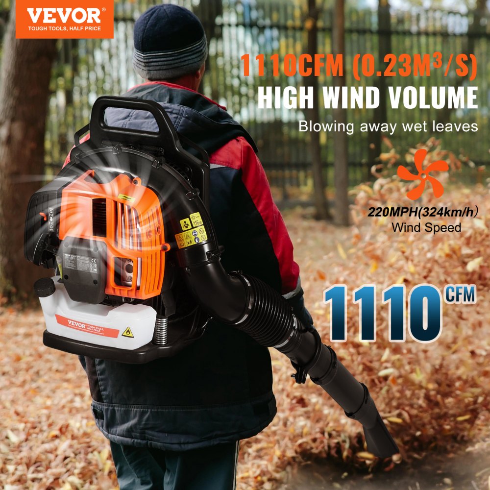 VEVOR Backpack Leaf Blower, 63CC 2-Cycle Gas Leaf Blower with 1.89L Fuel Tank, 1110CFM Air Volume 220MPH Speed, Ideal