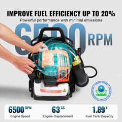 VEVOR Backpack Leaf Blower, 63CC 2-Cycle Gas Leaf Blower with 1.89L Fuel Tank, 1110CFM Air Volume 220MPH Speed, Ideal