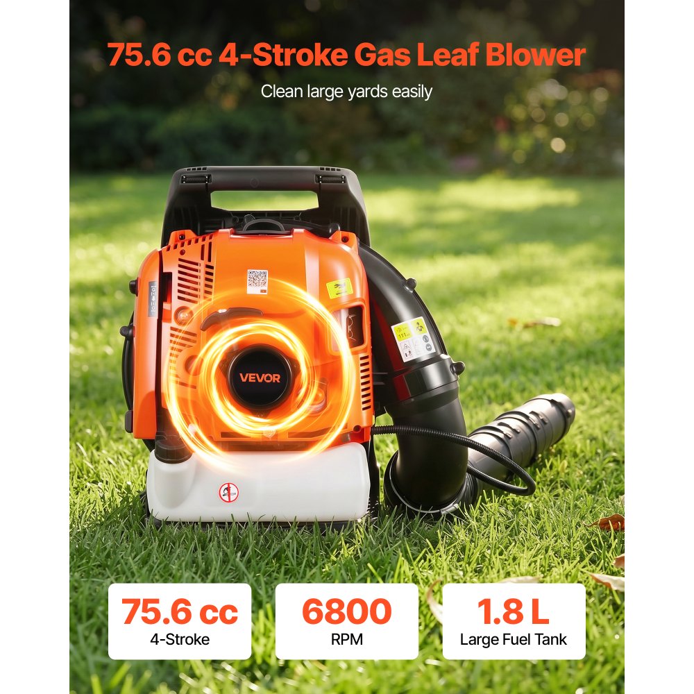 VEVOR Backpack Leaf Blower, 75.6CC 4-Stroke Engine Gas Powered Leaf Blower with 1.8L Fuel Tank, 615 CFM Air Volume, 179