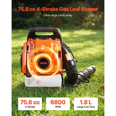VEVOR Backpack Leaf Blower, 75.6CC 4-Stroke Engine Gas Powered Leaf Blower with 1.8L Fuel Tank, 615 CFM Air Volume, 179