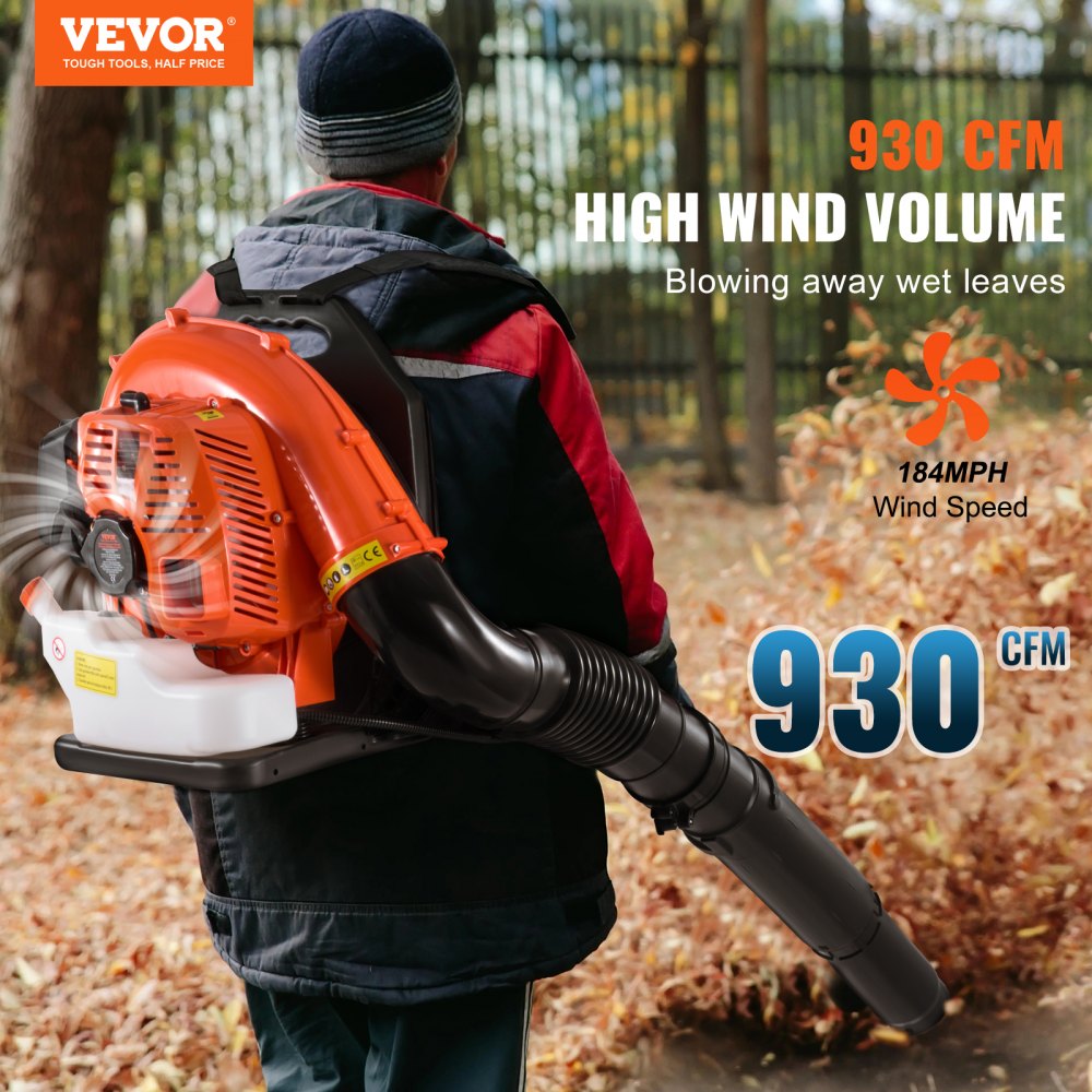 VEVOR Backpack Leaf Blower, 79CC 2-Cycle Gas Leaf Blower with 3L Fuel Tank, 930CFM Air Volume 184MPH Speed, Ideal for