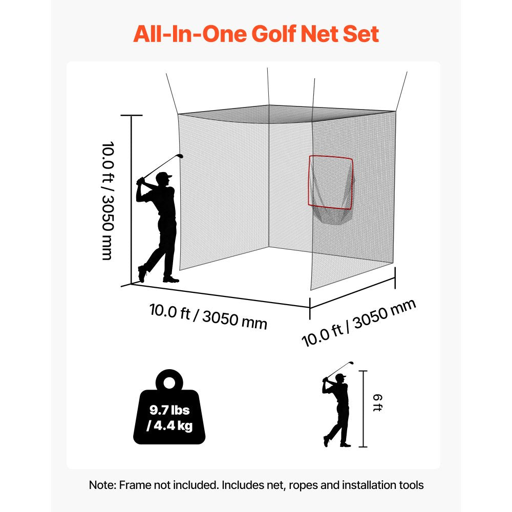 VEVOR Golf Batting Cage, 10 x 10 x 10 FT Golf Cage, Driving Hitting Cages with 3-Ply Knotless Polyester, Golfs Target &