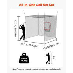 VEVOR Golf Batting Cage, 10 x 10 x 10 FT Golf Cage, Driving Hitting Cages with 3-Ply Knotless Polyester, Golfs Target &