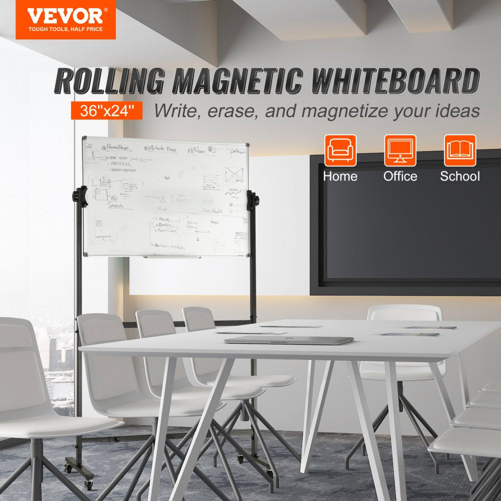 VEVOR Rolling Magnetic Whiteboard, Double-sided Mobile Whiteboard 36x24 Inches, Adjustable Height Dry Erase Board with