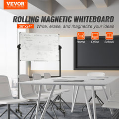 VEVOR Rolling Magnetic Whiteboard, Double-sided Mobile Whiteboard 36x24 Inches, Adjustable Height Dry Erase Board with