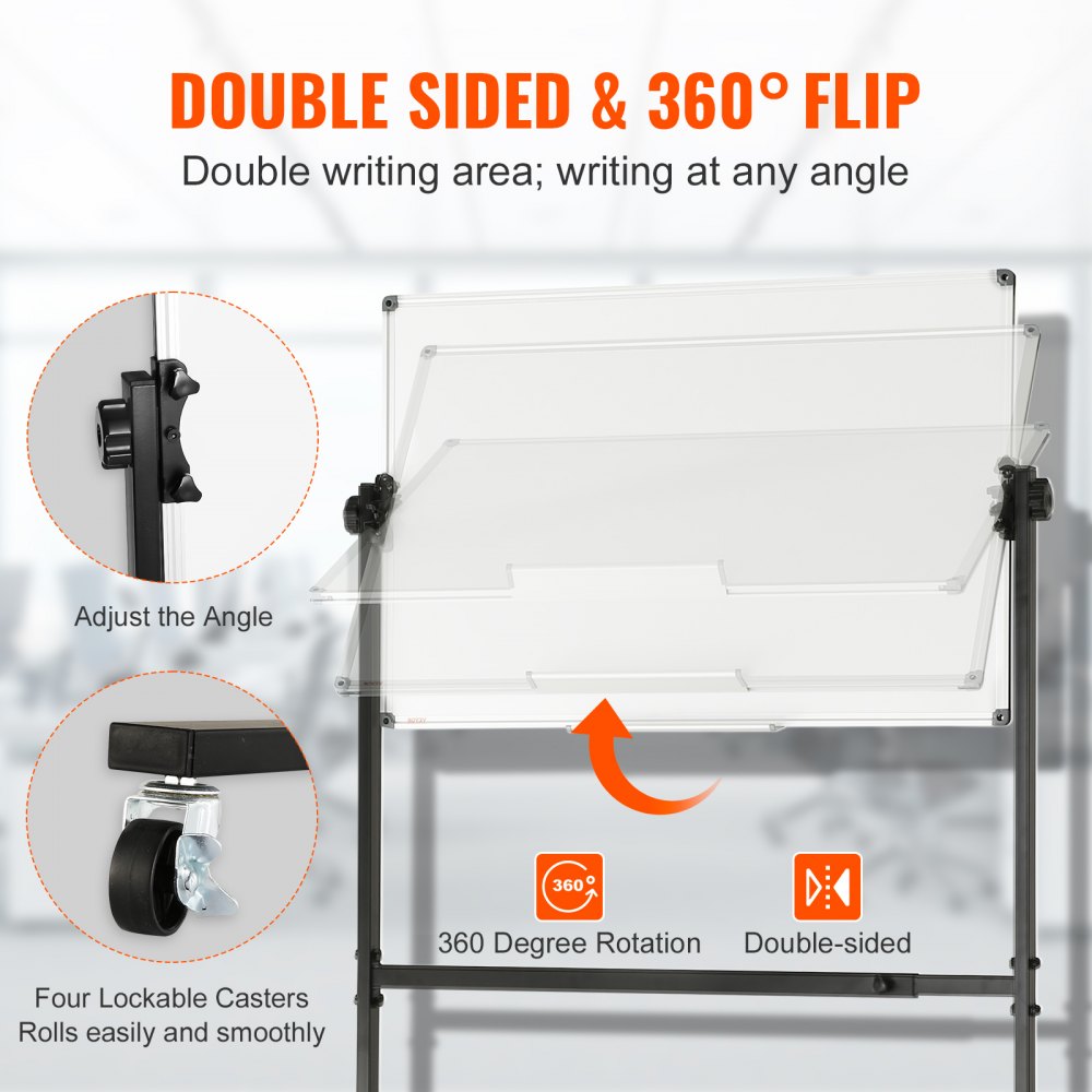 VEVOR Rolling Magnetic Whiteboard, Double-sided Mobile Whiteboard 36x24 Inches, Adjustable Height Dry Erase Board with