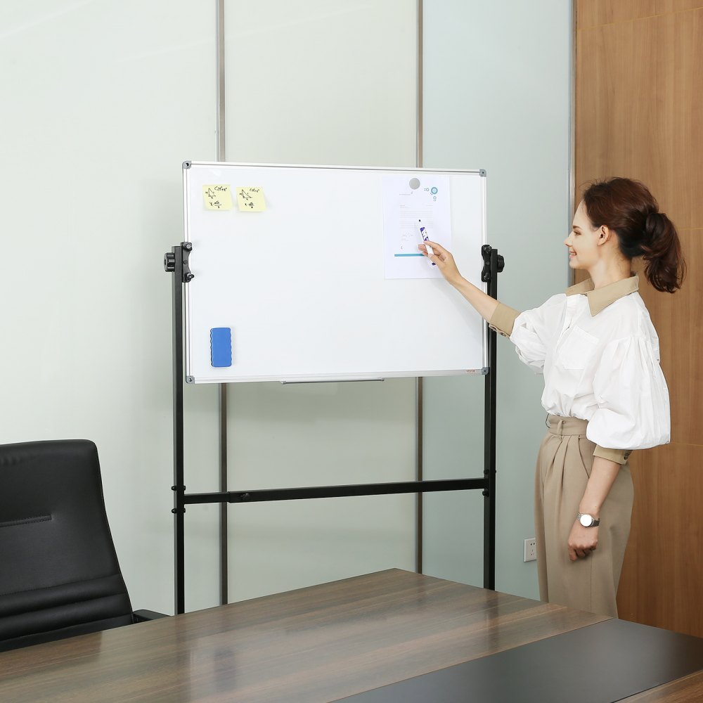 VEVOR Rolling Magnetic Whiteboard, Double-sided Mobile Whiteboard 36x24 Inches, Adjustable Height Dry Erase Board with