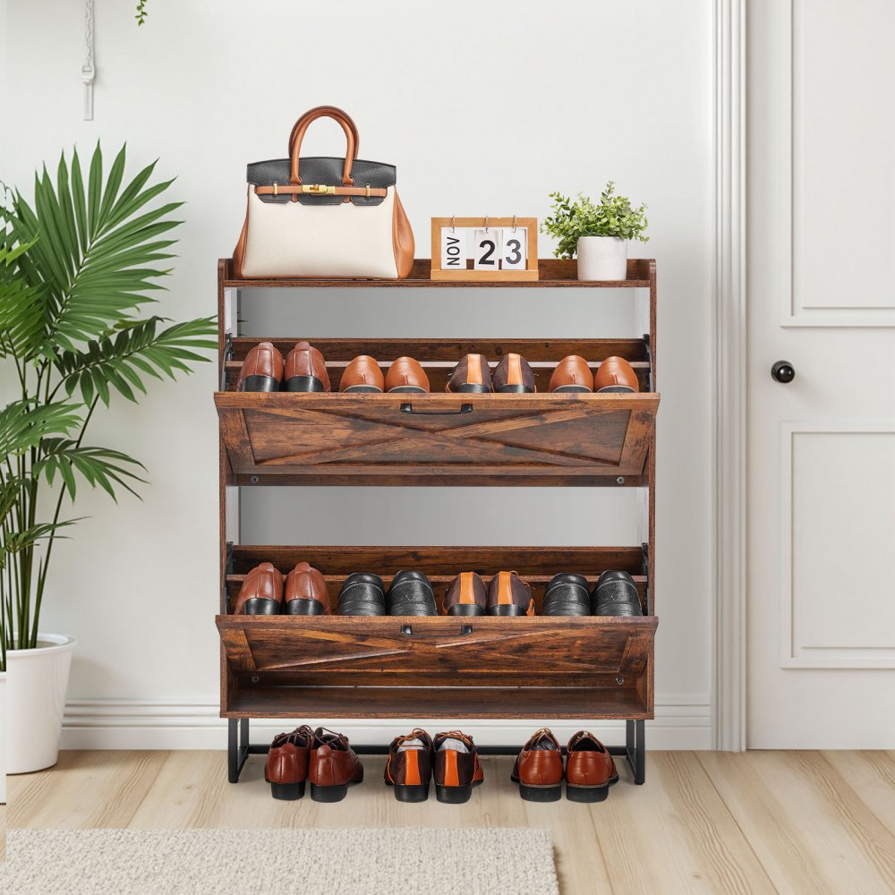 VEVOR Shoe Cabinet with 2 Flip Drawers, Farmhouse Shoes Storage Cabinet with Metal Legs and Anti-Tipping Device