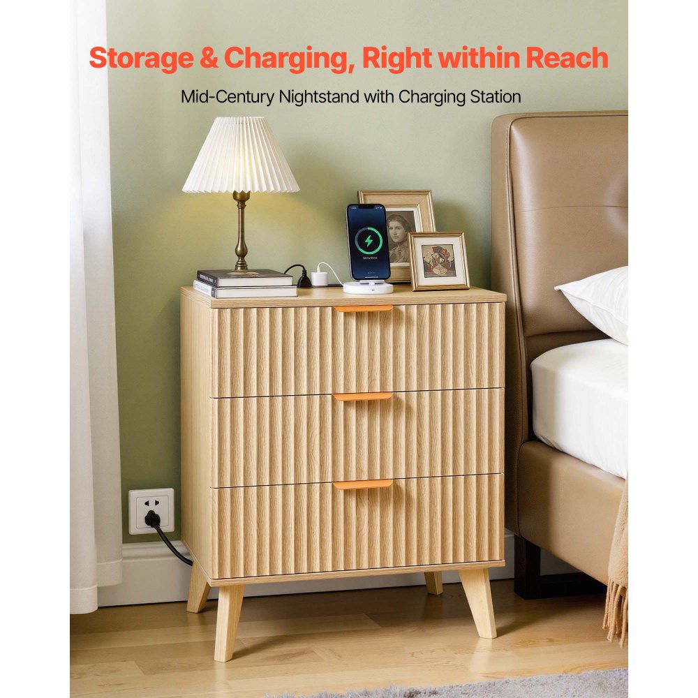 VEVOR Fluted Nightstand with Charging Station, with 3 Drawers, Dresser for Bedroom, Mid Century Modern End Table
