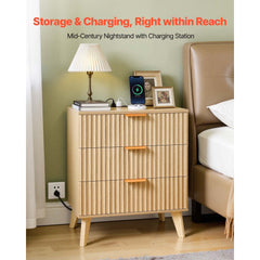 VEVOR Fluted Nightstand with Charging Station, with 3 Drawers, Dresser for Bedroom, Mid Century Modern End Table