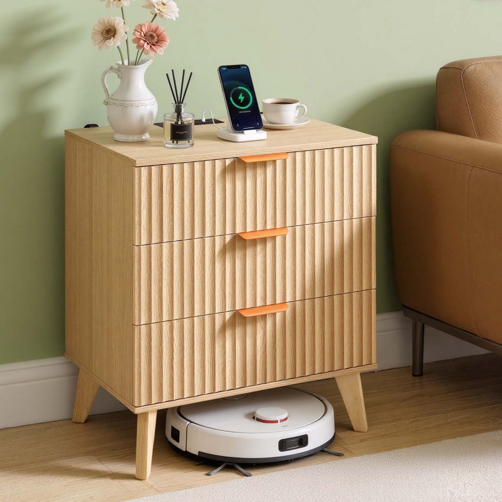 VEVOR Fluted Nightstand with Charging Station, with 3 Drawers, Dresser for Bedroom, Mid Century Modern End Table