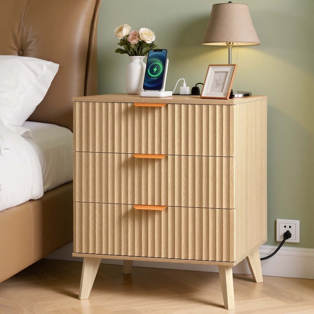 VEVOR Fluted Nightstand with Charging Station, with 3 Drawers, Dresser for Bedroom, Mid Century Modern End Table