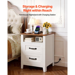 VEVOR Farmhouse Nightstand, with Charging Station, End Table with 2 Drawers and Open Shelf, Bedside Storage Cabinet
