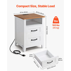 VEVOR Farmhouse Nightstand, with Charging Station, End Table with 2 Drawers and Open Shelf, Bedside Storage Cabinet