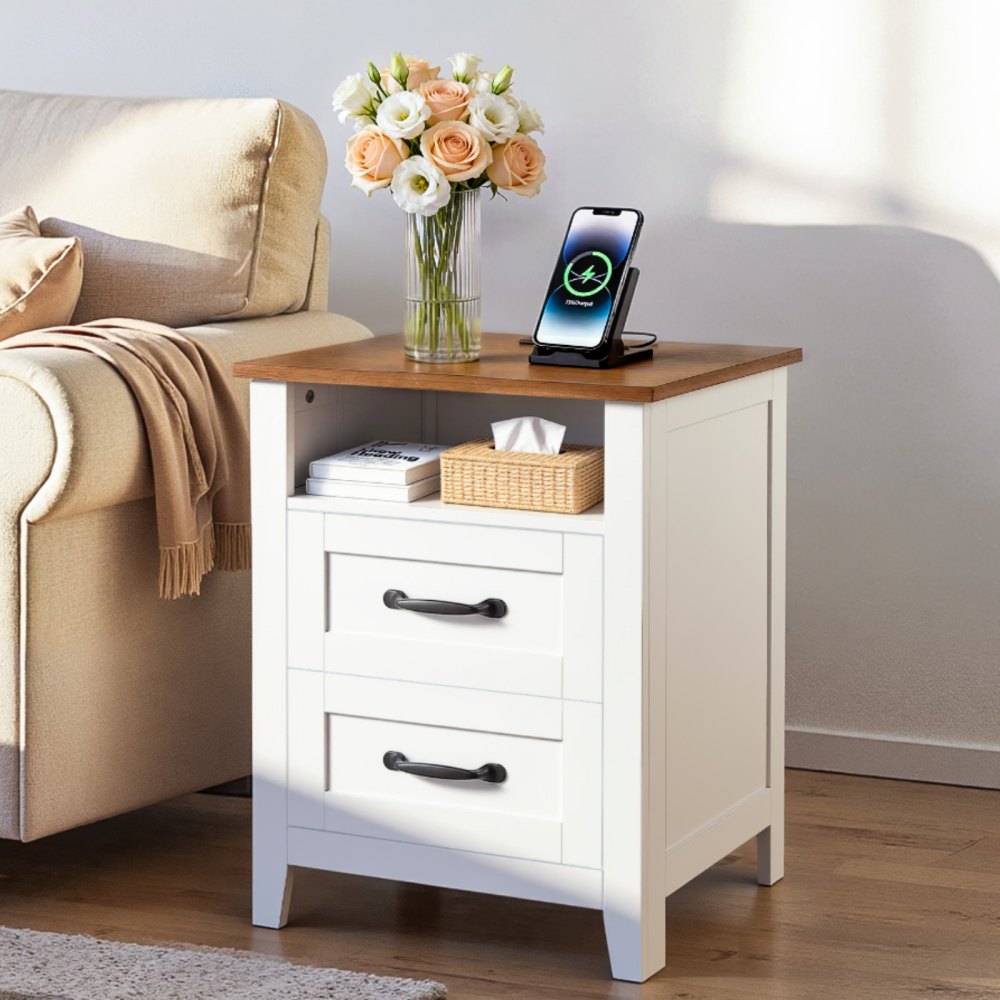 VEVOR Farmhouse Nightstand, with Charging Station, End Table with 2 Drawers and Open Shelf, Bedside Storage Cabinet