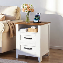 VEVOR Farmhouse Nightstand, with Charging Station, End Table with 2 Drawers and Open Shelf, Bedside Storage Cabinet