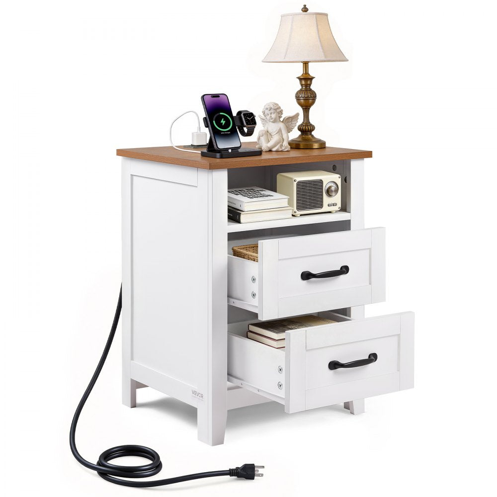 VEVOR Farmhouse Nightstand, with Charging Station, End Table with 2 Drawers and Open Shelf, Bedside Storage Cabinet