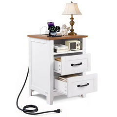 VEVOR Farmhouse Nightstand, with Charging Station, End Table with 2 Drawers and Open Shelf, Bedside Storage Cabinet