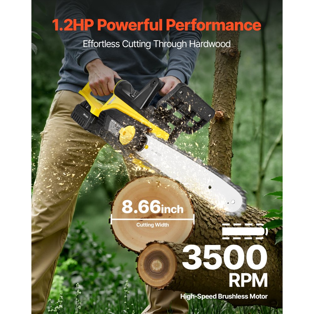 VEVOR Cordless Chainsaw, 20V 12-Inch Brushless Chainsaw Battery Powered, 4.0Ah Battery and Rapid Charger Included