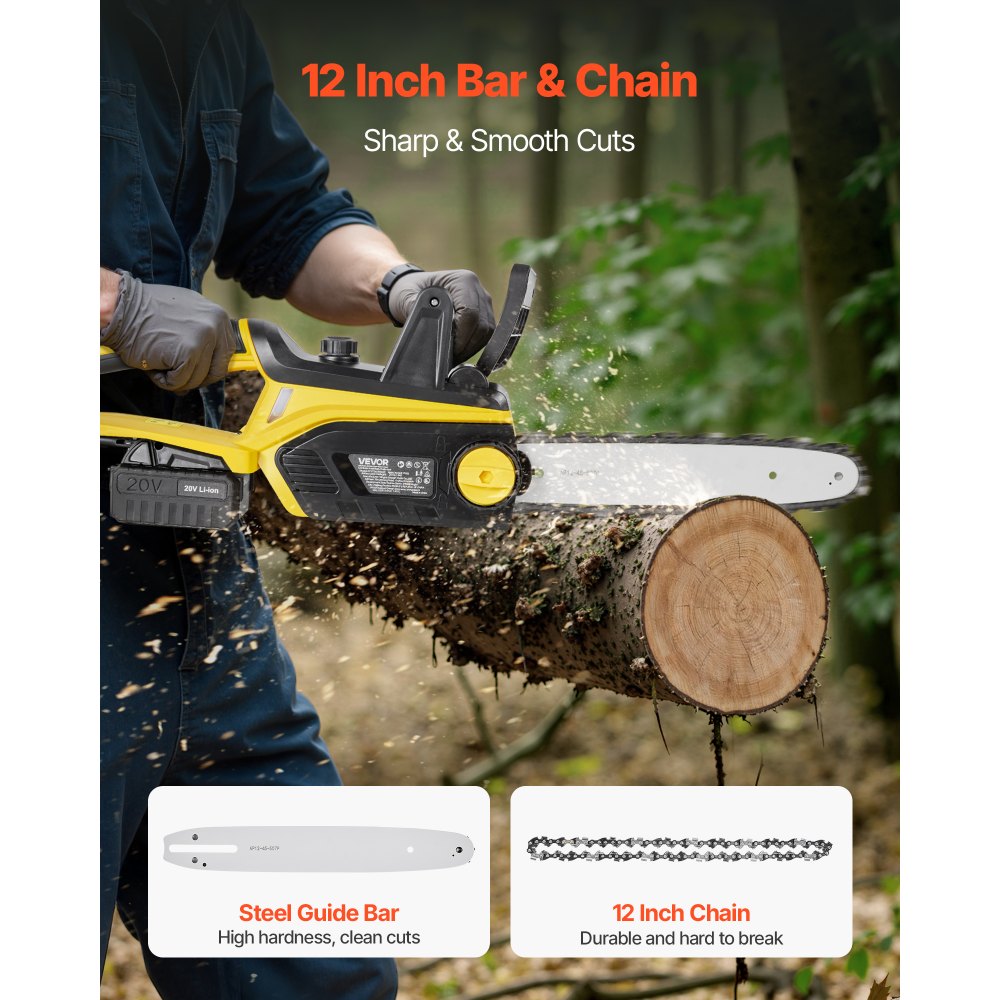 VEVOR Cordless Chainsaw, 20V 12-Inch Brushless Chainsaw Battery Powered, 4.0Ah Battery and Rapid Charger Included