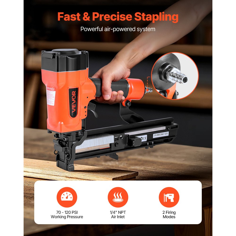 VEVOR Pneumatic Staple Gun, 16 Gauge 1-inch Wide Crown Pneumatic Stapler 5/8" to 1-1/2" Length, 70-120PSI Air Staple