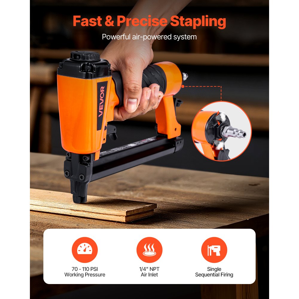 VEVOR Pneumatic Staple Gun, 20 Gauge T50 Pneumatic Upholstery Stapler for 7/16" Crown 5/32"-5/8" Length Staples, 70-110