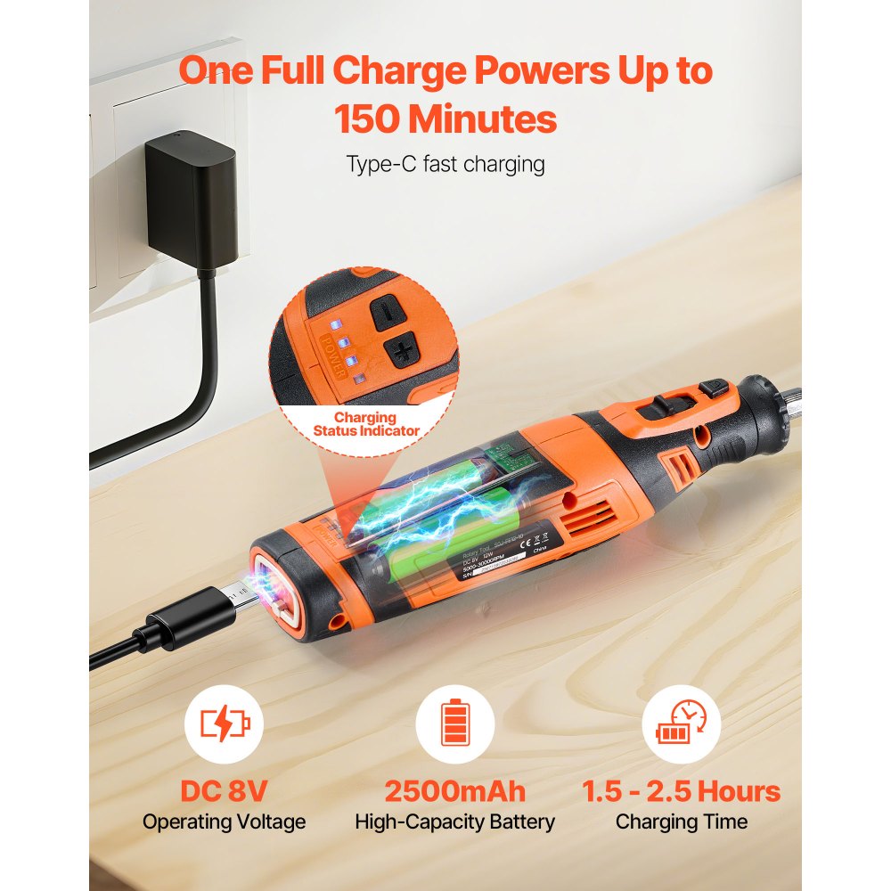 VEVOR 136-Piece Cordless Rotary Tool Kit, DC8V Portable Mini Power Rotary Tool, 5 Speeds 5000-30000RPM Multi-Purpose