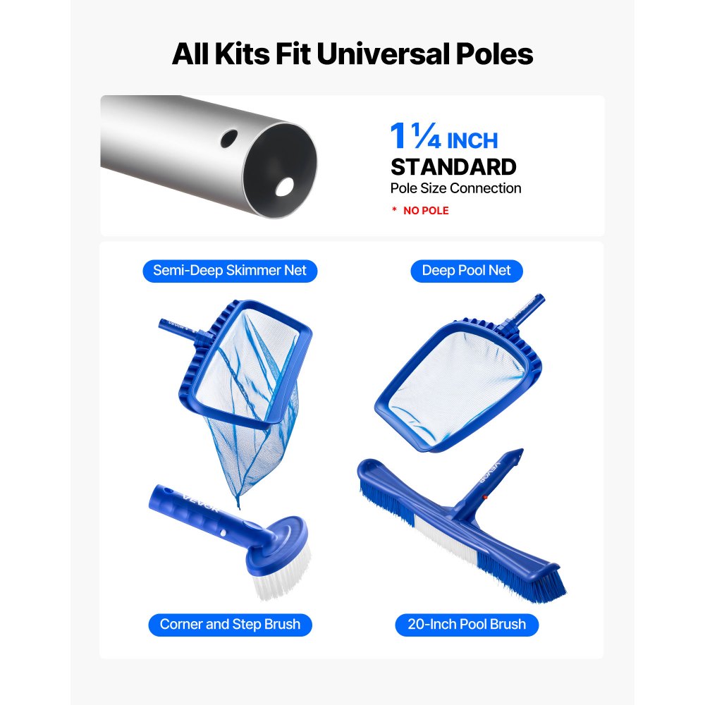 VEVOR Swimming Pool Cleaning Kit, Includes 2 Detachable Brush Heads (20 Inch / 5.5 Inch) and 2 Pool Skimmer Nets