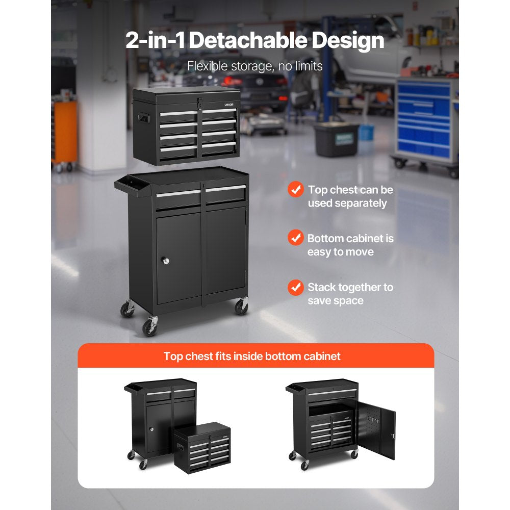 VEVOR Rolling Tool Chest, 2-in-1 Design, 5 Drawers Tool Cabinet Organizer with Detachable Top Metal Toolbox, Lock Bar