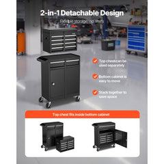 VEVOR Rolling Tool Chest, 2-in-1 Design, 5 Drawers Tool Cabinet Organizer with Detachable Top Metal Toolbox, Lock Bar