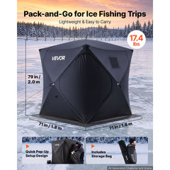 VEVOR Pop Up Ice Fishing Tent 3-4 Person 71 x 71 x 79 in Portable Shelter, for Winter Fishing, 34 sq ft Area, 300D