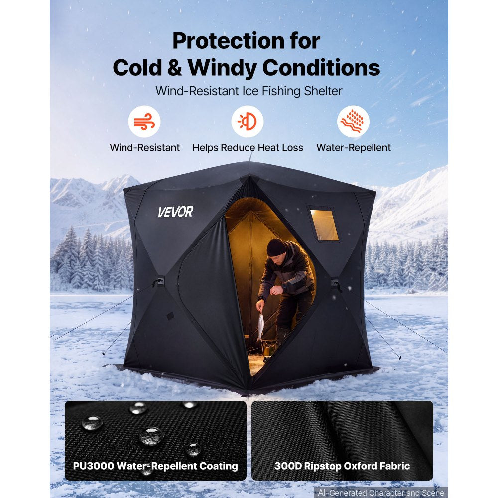 VEVOR Pop Up Ice Fishing Tent 3-4 Person 71 x 71 x 79 in Portable Shelter, for Winter Fishing, 34 sq ft Area, 300D