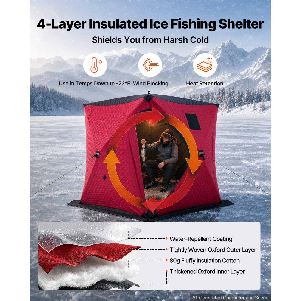 VEVOR Pop Up Ice Fishing Tent 3-4 Person 71 x 71 x 79 in Insulated Shelter, for Winter Fishing, 34 sq ft Area, 600D