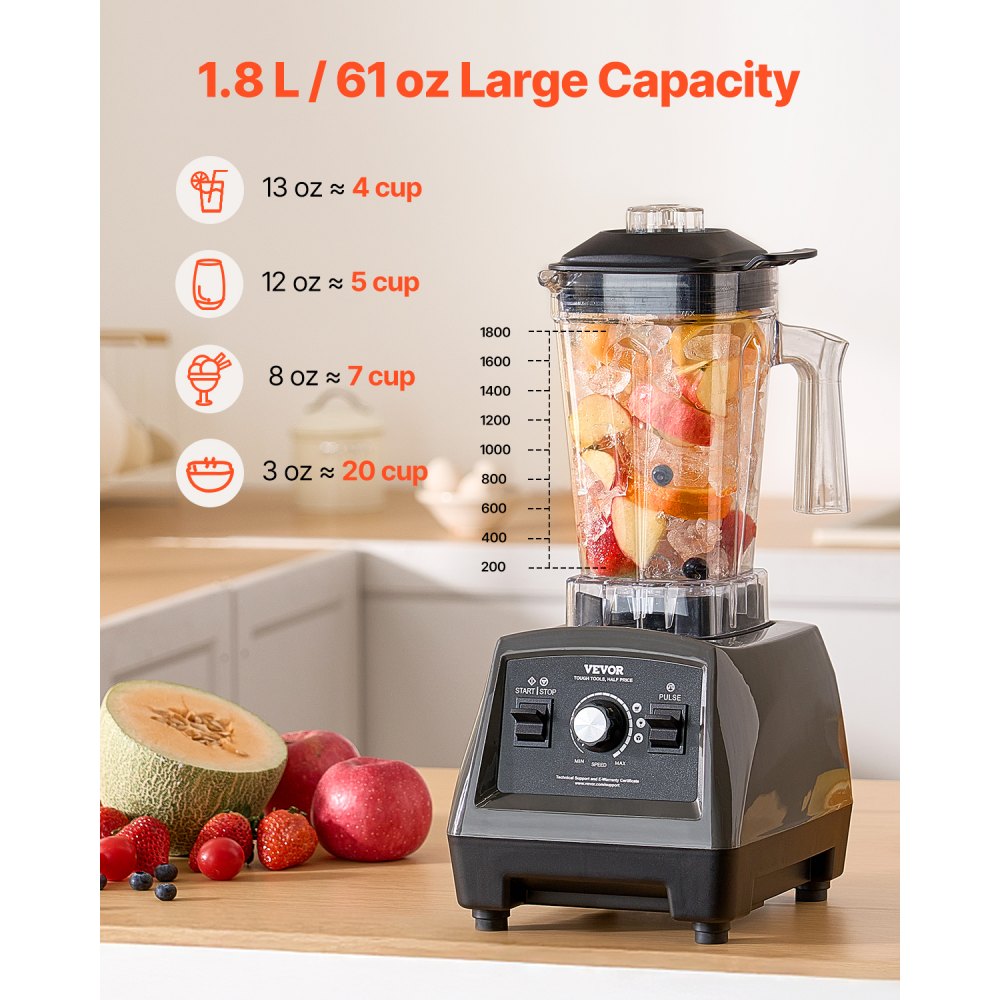 VEVOR Blender for Smoothies, 61 oz 1400W, Professional Blender with Powerful Motor, Multi-Functional Food Processing
