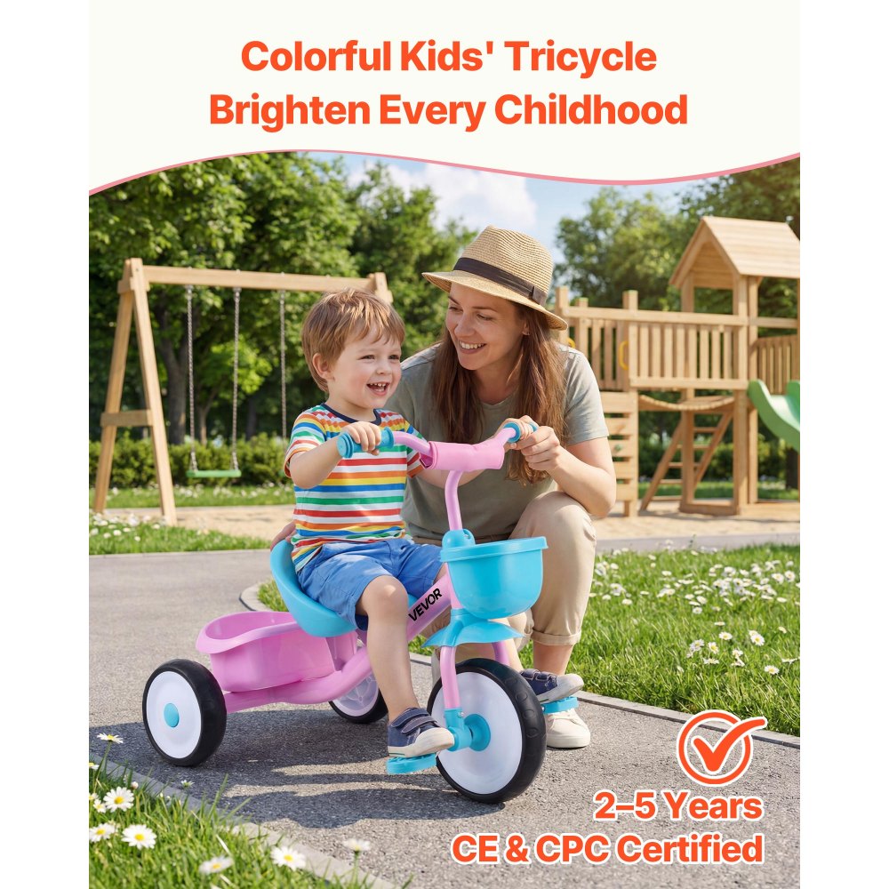VEVOR Toddler Tricycle for 2-5 Year Old, Kids Trike with Adjustable Seat, Storage Basket, Carbon Steel Frame, Handlebar