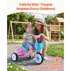 VEVOR Toddler Tricycle for 2-5 Year Old, Kids Trike with Adjustable Seat, Storage Basket, Carbon Steel Frame, Handlebar