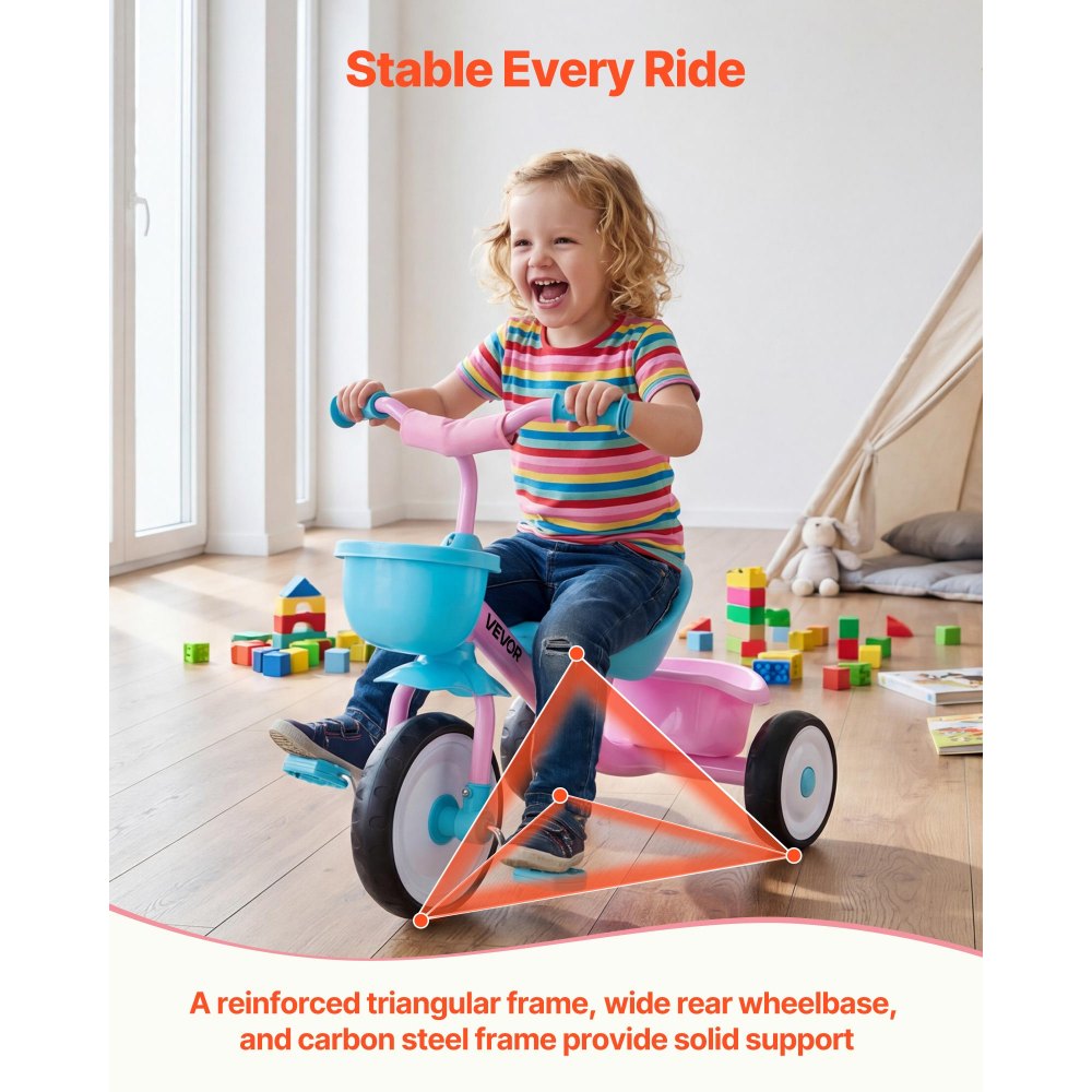 VEVOR Toddler Tricycle for 2-5 Year Old, Kids Trike with Adjustable Seat, Storage Basket, Carbon Steel Frame, Handlebar