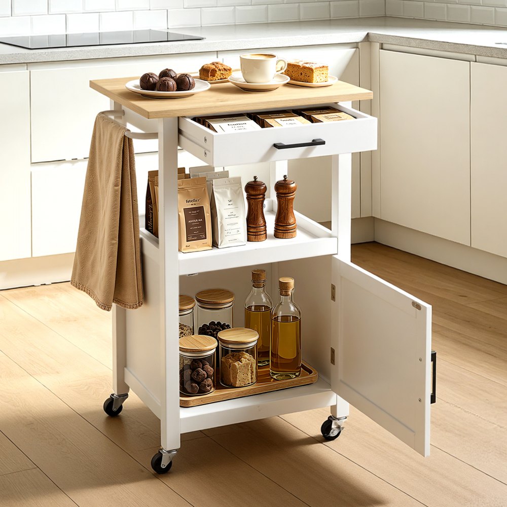 VEVOR Kitchen Island Cart with Single Door Cabinet, Mobile Carts with Drawer, Towel Rack, Hooks, Portable Table on