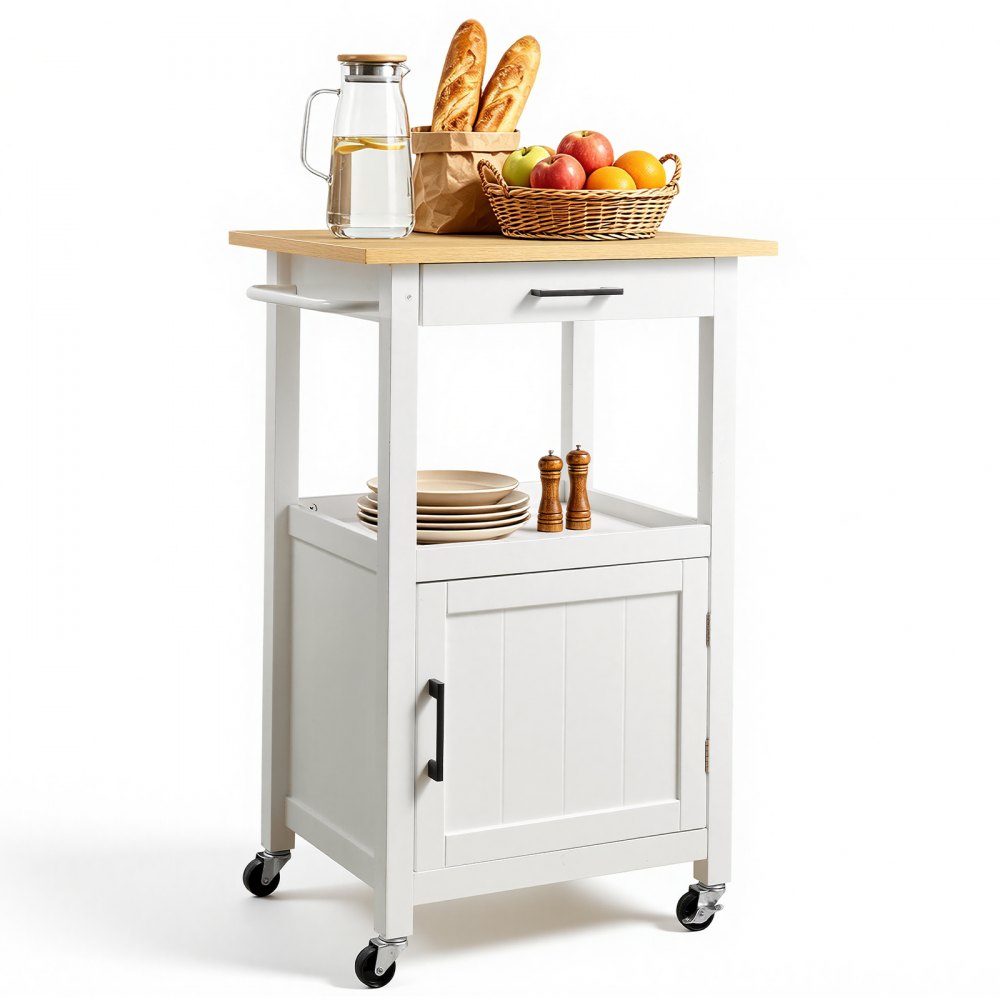 VEVOR Kitchen Island Cart with Single Door Cabinet, Mobile Carts with Drawer, Towel Rack, Hooks, Portable Table on