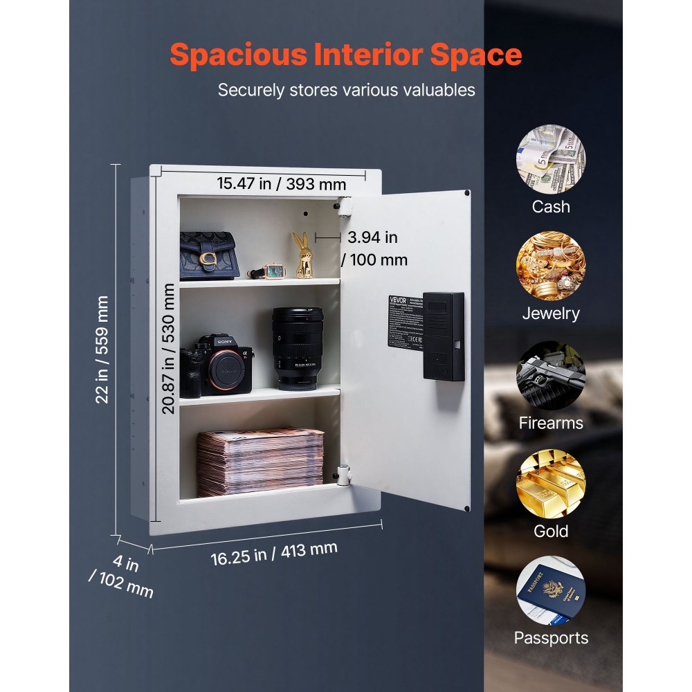 VEVOR 0.83 sq.ft Wall Safe, 3-Tier Hidden Wall Safe with Password, Key & Turning Knob, Q235 Cold-Rolled Steel In-Wall