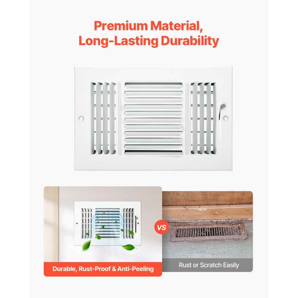 VEVOR 6 x 10 Inch Floor Registers, 6-Pack Floor Vents, HVAC 3-Direction Iron Vent Grilles for Home/Office Wall &