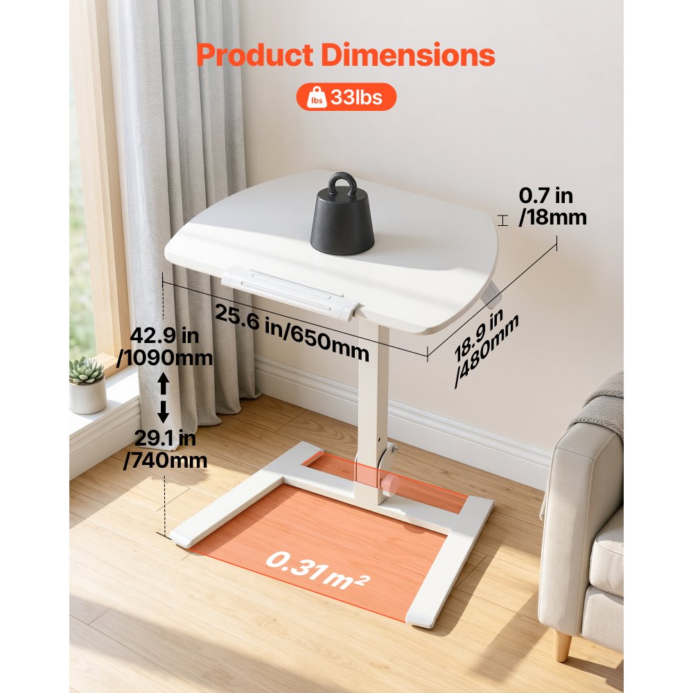 VEVOR Standing Desk, Adjustable Height Mobile Stand Up Desk with Tilting Desktop, 25.6 x 19 in Small Computer Sit Stand