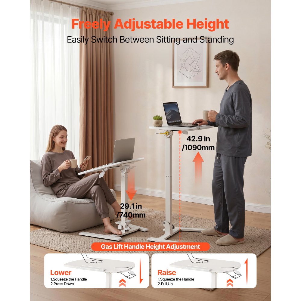 VEVOR Standing Desk, Adjustable Height Mobile Stand Up Desk with Tilting Desktop, 25.6 x 19 in Small Computer Sit Stand