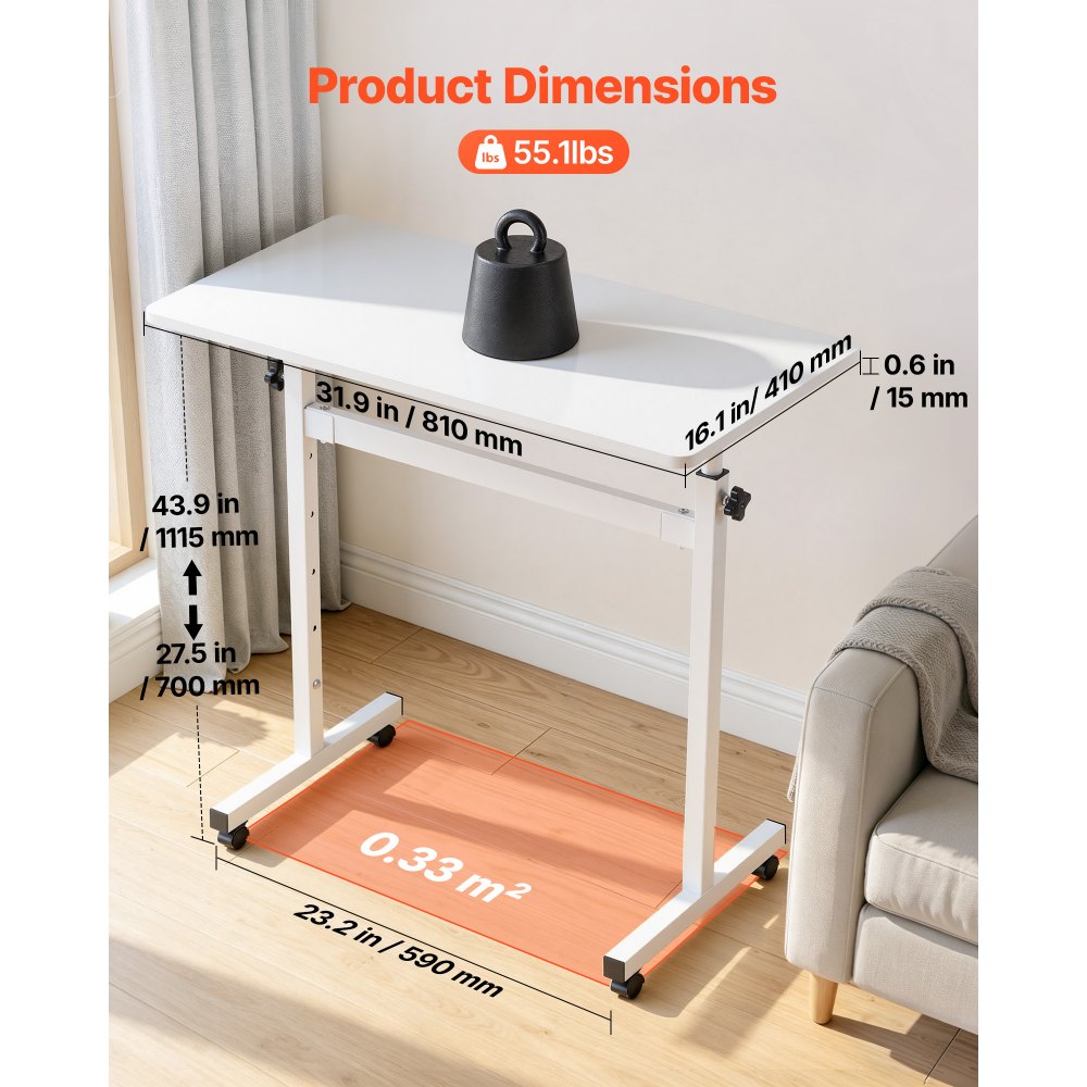 VEVOR Standing Desk, Adjustable Height Mobile Stand Up Desk with Lockable Casters, 32 x 16 in Small Computer Sit Stand