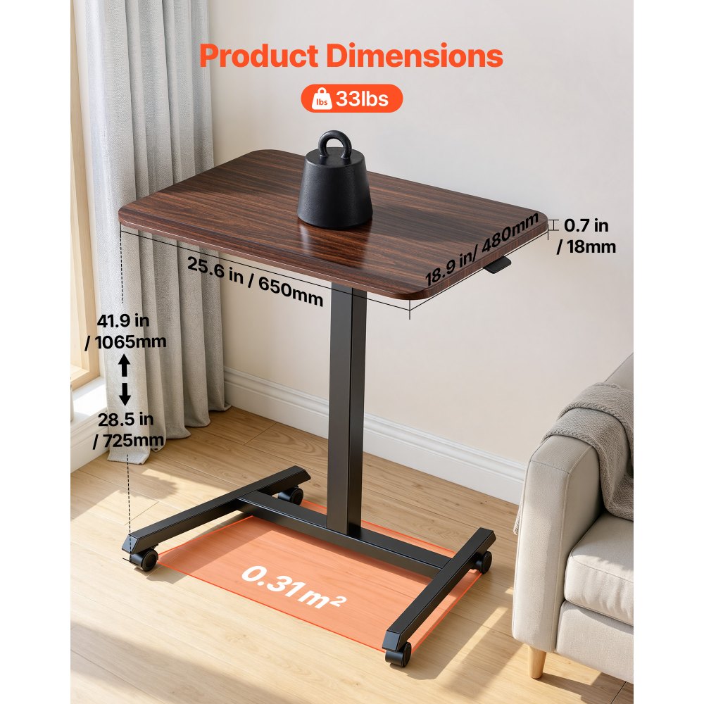 VEVOR Standing Desk, Adjustable Height Mobile Stand Up Desk with 4 Casters, 25.6 x 19 in Small Computer Sit Stand